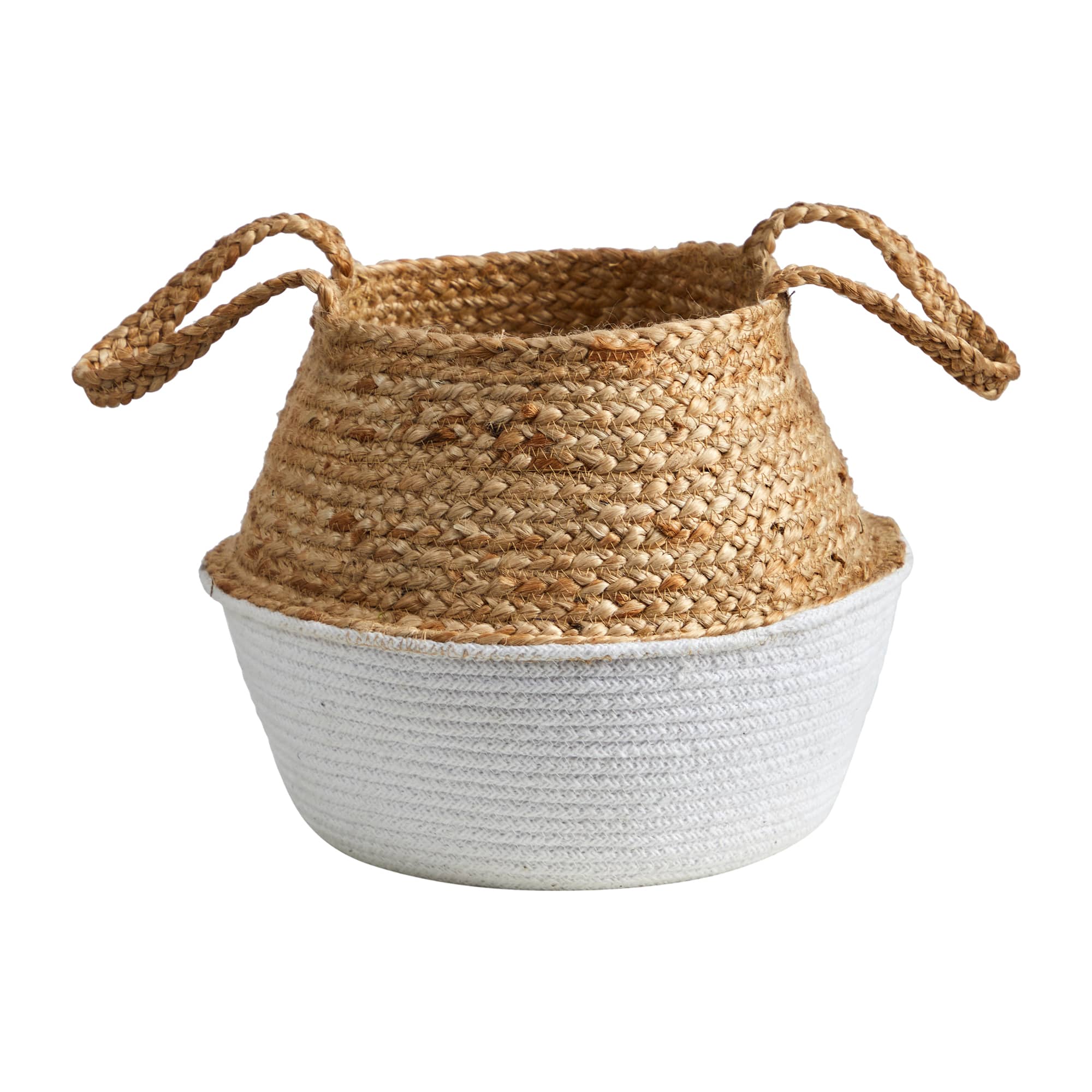 12" Boho Chic Handmade Cotton & Jute White Woven Basket Planter